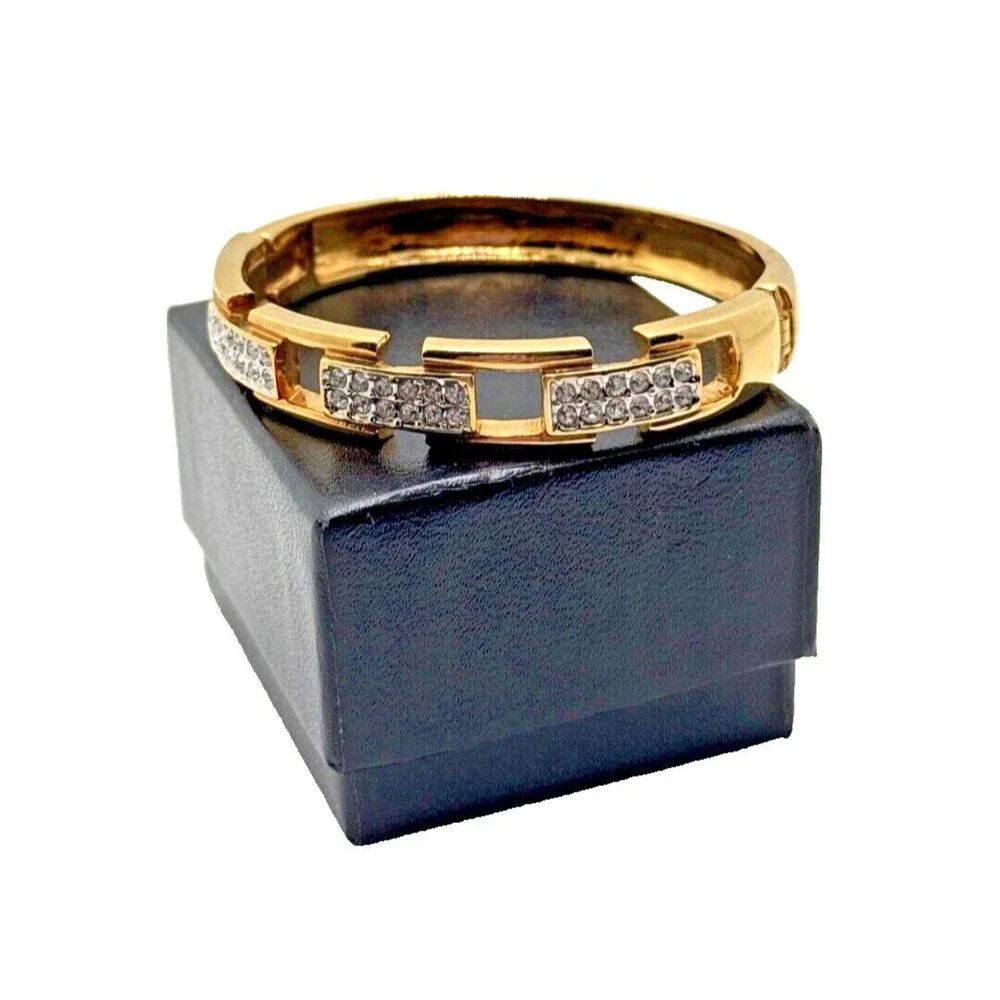 Rhinestone Link Bangle Bracelet Gold Tone Statement Hinged Runway Jewelry 7